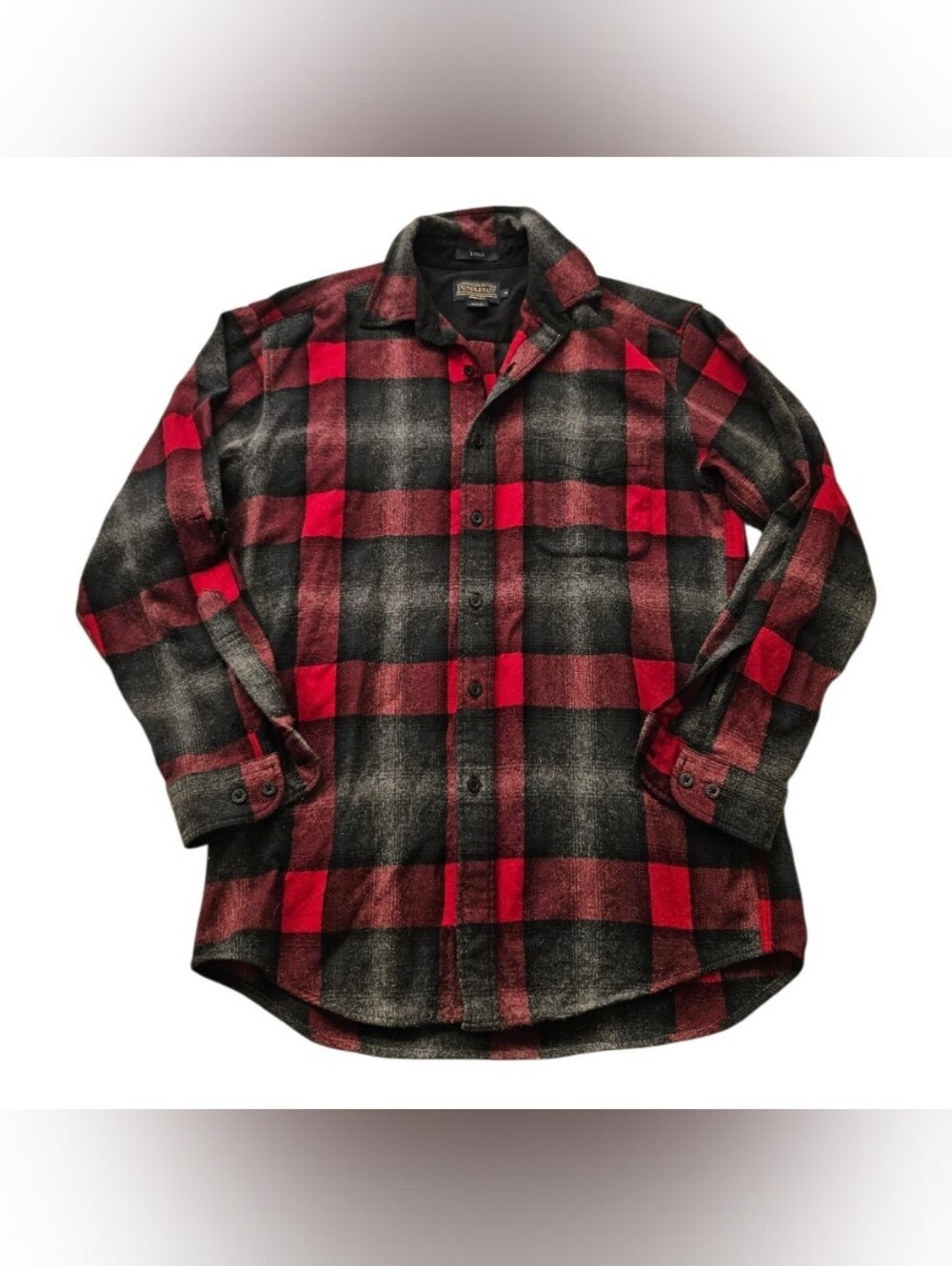 Pendleton Wool Lodge SHADOW PLAID Red Black Mens Medium Distressed Button Up